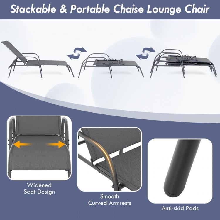 Dark gray outdoor patio lounge chair with adjustable reclining armrest, featuring a sturdy steel frame and anti-skid.