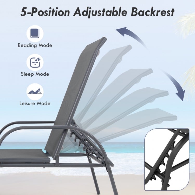 Adjustable backrest lounge chair in dark gray fabric, featuring 5 reclining positions for versatile outdoor relaxation.