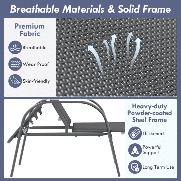 Dark gray outdoor lounge chair fabric with breathable material and sturdy powder-coated steel frame for patio.