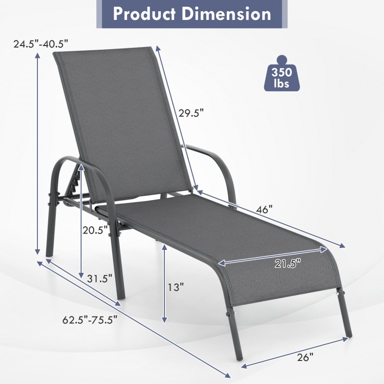 Dimensions of the dark gray outdoor patio lounge chair with adjustable reclining armrest, supporting up to 350 lbs.