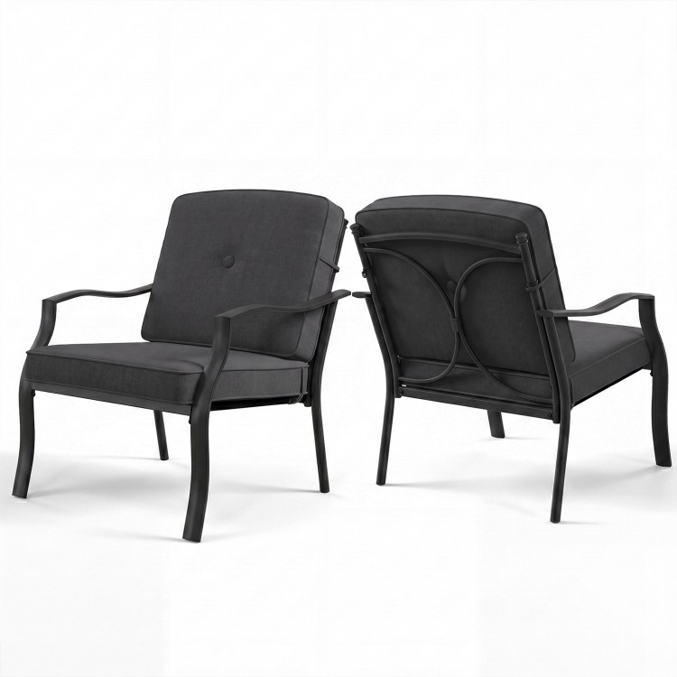 Black patio metal chairs with soft cushions, ergonomic design, and durable frame, perfect for yard or poolside.