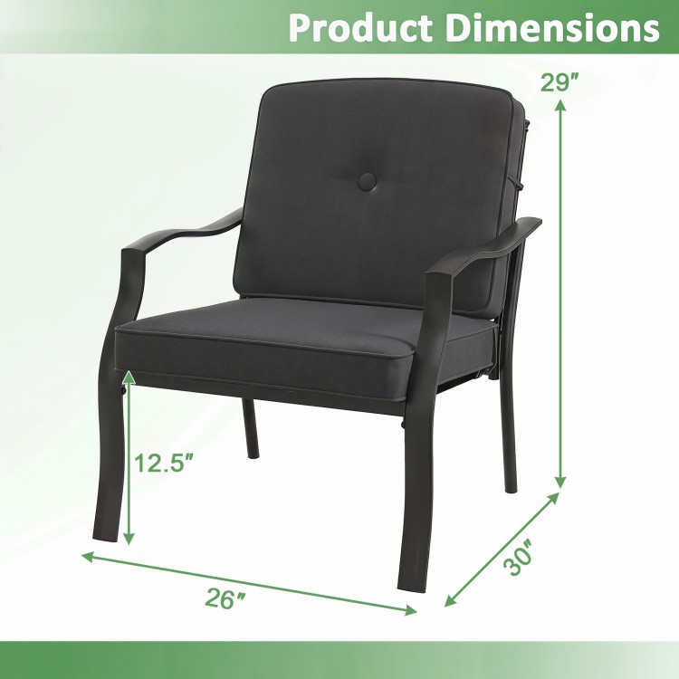 Patio metal chair dimensions showing 29" height, 26" width, and 30" depth with black cushions for outdoor comfort.