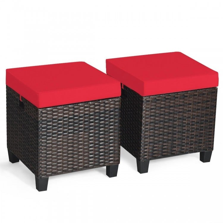 Two-piece patio rattan ottoman set with red removable cushions, made of PE wicker and sturdy steel for outdoor use.