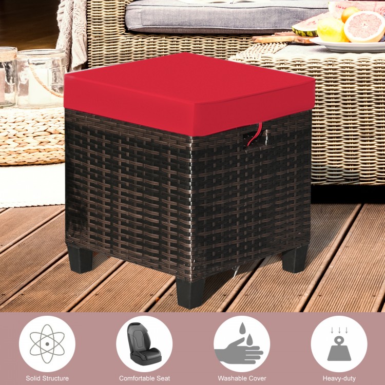 Rattan ottoman with red removable cushion, sturdy steel frame, perfect for outdoor seating or as a footrest.