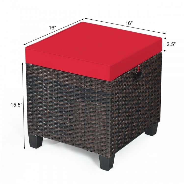 Red cushion-top rattan ottoman with sturdy steel frame, ideal for outdoor use as a seat or footrest.