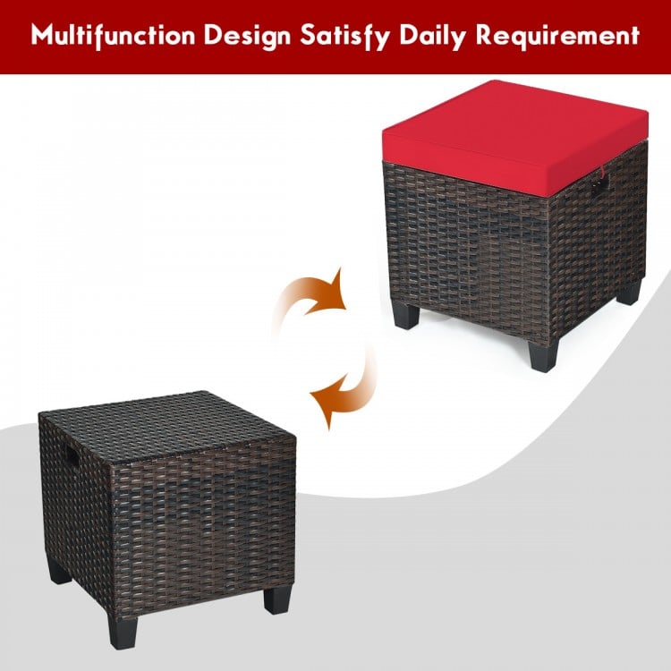 Rattan ottoman set with removable red cushions, sturdy steel frame, multifunctional for seating or as a coffee table.