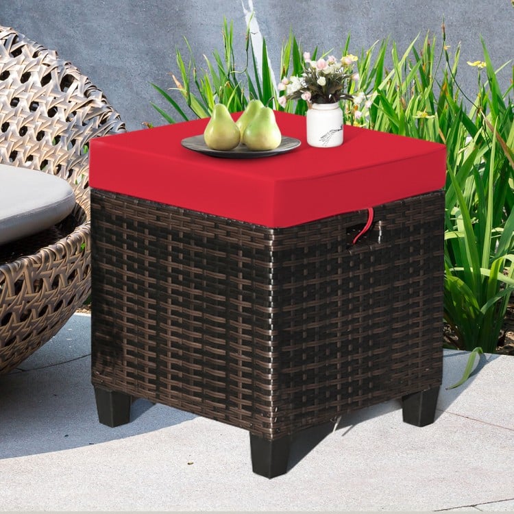 Rattan ottoman set with red removable cushions, featuring a sturdy steel frame, ideal for outdoor use and versatile.