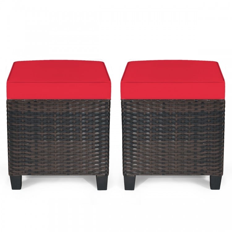 Two-piece patio rattan ottoman set with red removable cushions, featuring sturdy PE wicker and steel for outdoor use.