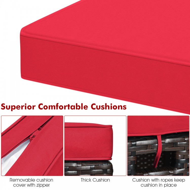 Red cushion detail of the 2-piece patio rattan ottoman set with removable covers and rope for secure placement.
