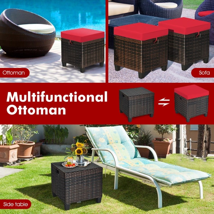Multifunctional rattan ottoman set with removable red cushions, ideal for outdoor seating or as a coffee table.