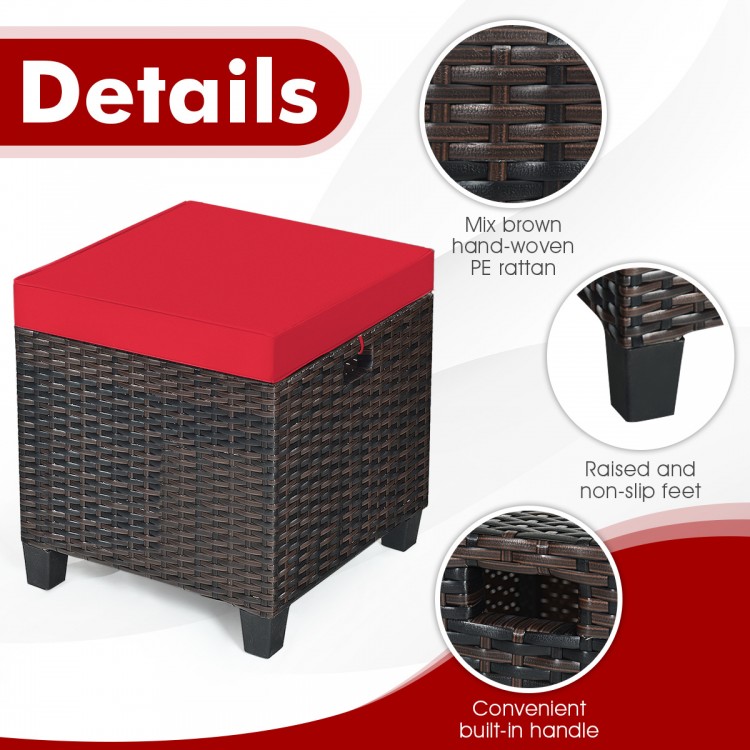 Brown hand-woven PE rattan ottoman with red removable cushion, featuring non-slip feet and built-in handle for outdoor.