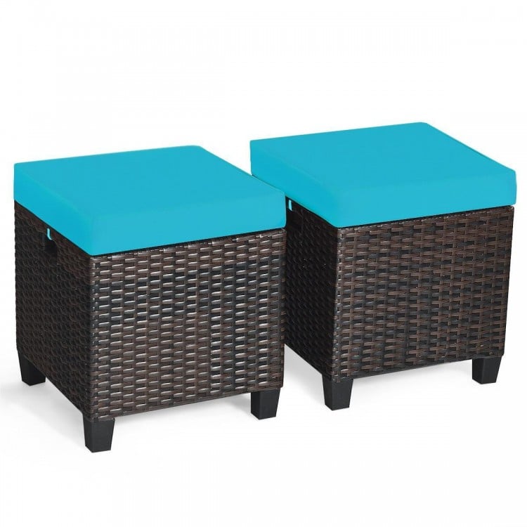 Two-piece patio rattan ottoman set with turquoise removable cushions, ideal for outdoor seating and versatile use.