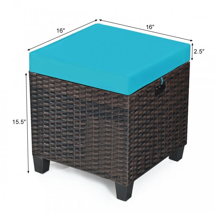 Turquoise cushioned rattan ottoman with sturdy steel frame, ideal for outdoor use as a seat or footrest.