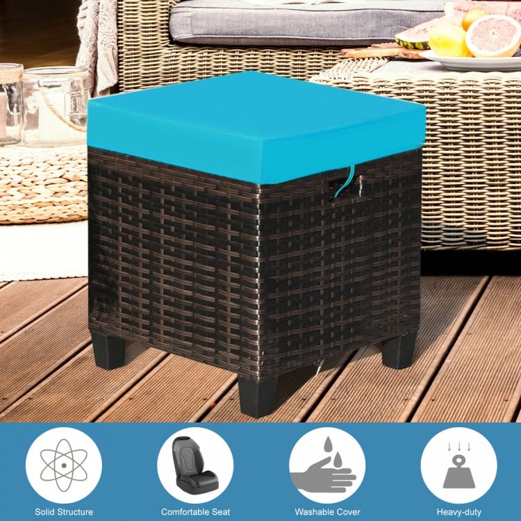 Turquoise cushion on a sturdy rattan ottoman, featuring a removable cover, ideal for outdoor seating or as a footrest.
