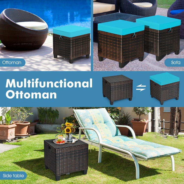 Turquoise rattan ottoman set with removable cushions, ideal for outdoor use as a seat or coffee table.