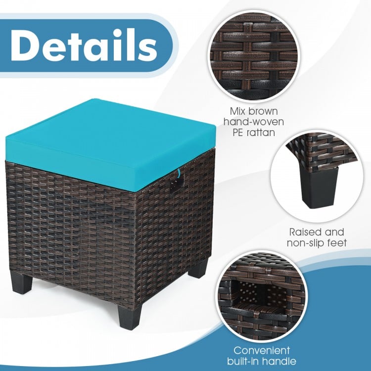 Turquoise cushion on a brown PE rattan ottoman with raised feet, perfect for outdoor seating or as a coffee table.