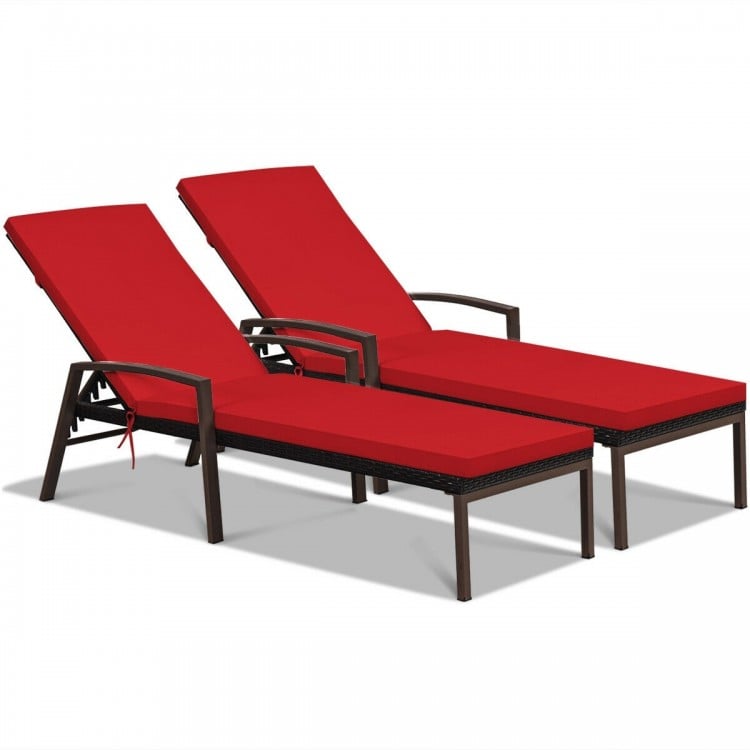 Red adjustable back lounge chairs with removable cushions, sturdy steel frame, perfect for outdoor patio relaxation.