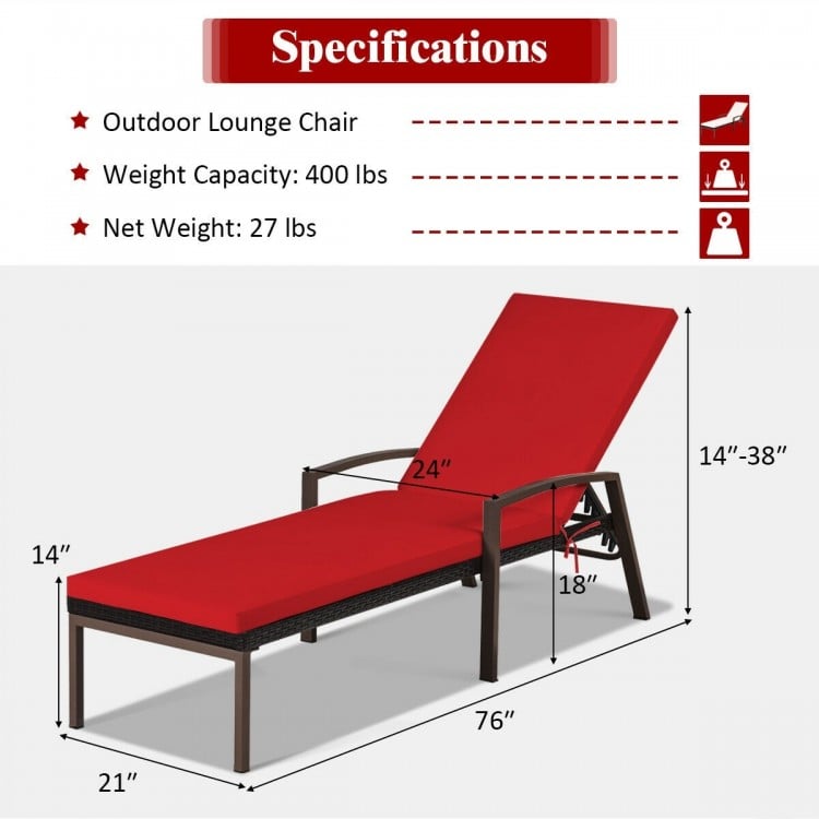 Red outdoor lounge chair with adjustable backrest, removable cushion, and sturdy steel frame for patio relaxation.