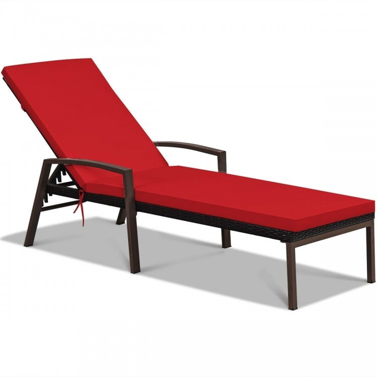 Red adjustable back lounge chair with removable cushion, sturdy steel frame, perfect for outdoor relaxation.