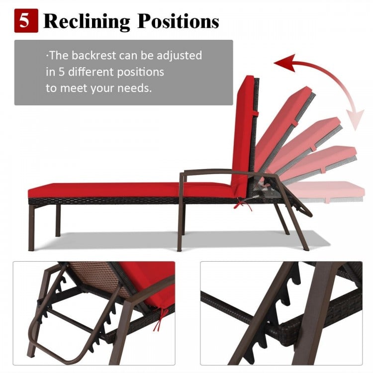 Adjustable back lounge chair in red with removable cushion, featuring 5 reclining positions for outdoor relaxation.