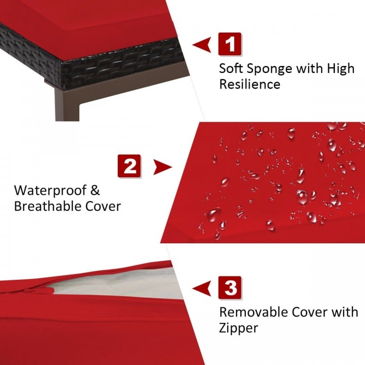 Red removable cushion with zipper for the 2 Pieces Patio Rattan Adjustable Back Lounge Chair, ideal for outdoor use.