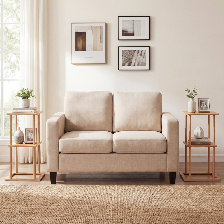 Natural bamboo side table with storage shelves, featuring a sturdy base and elegant design for versatile home use.