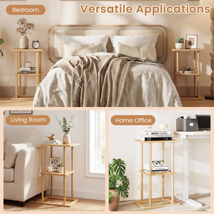 Natural bamboo side table with storage shelves, perfect for bedroom, living room, or home office use.