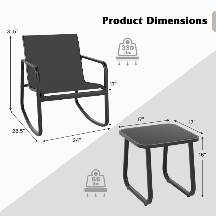 Rocking bistro chair dimensions with a black frame and quick-drying fabric, ideal for porch or balcony use.