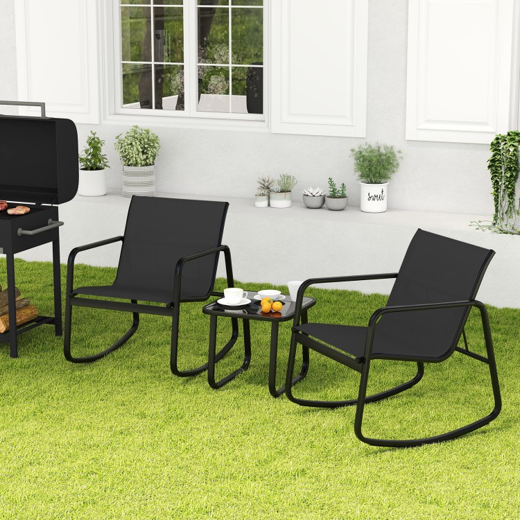 Black rocking bistro chair with a reinforced metal frame and quick-drying fabric, suitable for outdoor relaxation.