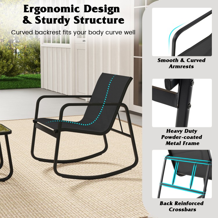Black rocking bistro chair with ergonomic design and curved backrest, perfect for porch or balcony relaxation.