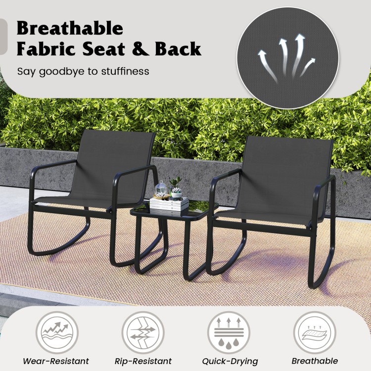 Two black rocking bistro chairs with a glass-top table, featuring breathable fabric, perfect for porch or balcony.