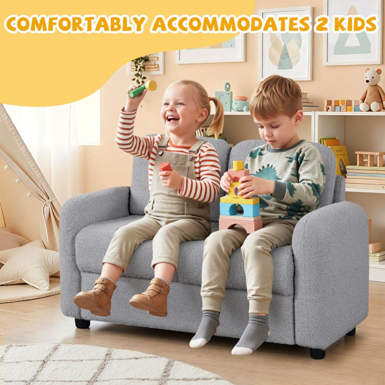 Gray 2-seat kids sofa with soft teddy fleece upholstery, comfortably accommodating 2 children for playtime or.