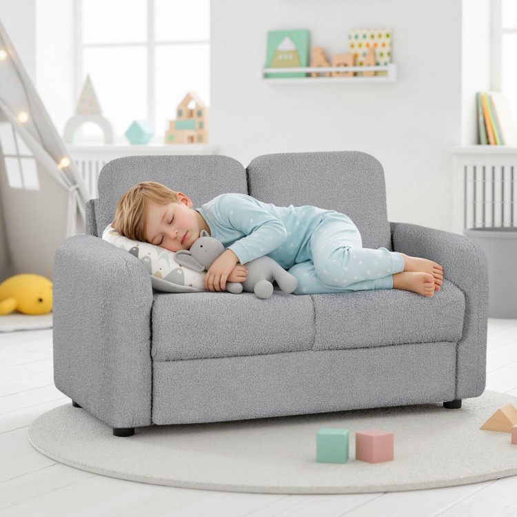 Gray 2-seat kids sofa with soft teddy fleece upholstery, perfect for toddlers to relax and play in any room.
