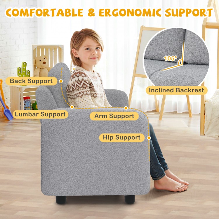 Gray 2-seat kids sofa with soft teddy fleece upholstery, ergonomic support, ideal for playroom or bedroom use.