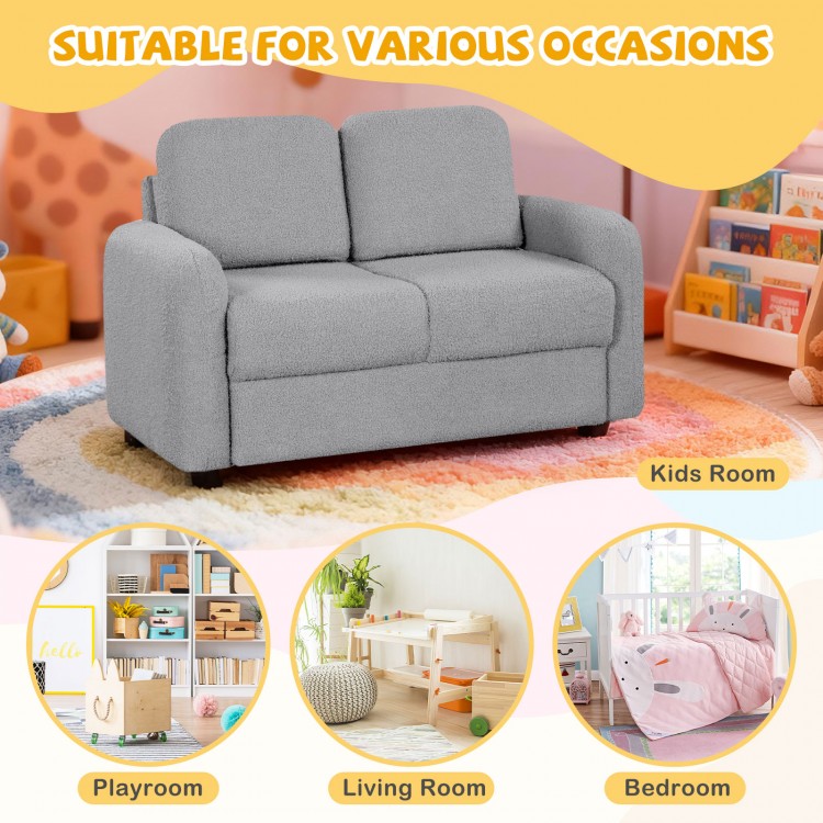 Gray 2-seat kids sofa with soft teddy fleece upholstery, ideal for playroom, bedroom, or living room use.