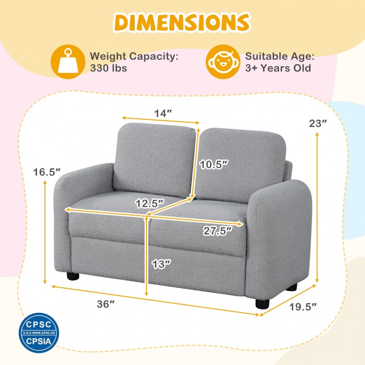 2-seat kids sofa in gray with soft teddy fleece upholstery, ergonomic design, ideal for toddlers in playroom or bedroom.
