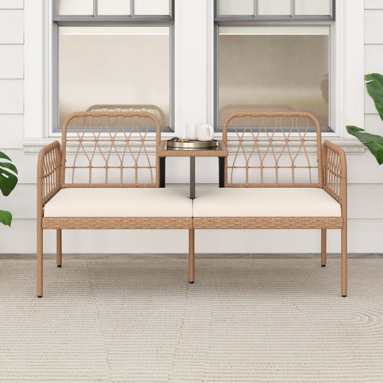 2-seat PE rattan outdoor loveseat with built-in coffee table and soft cushions, perfect for patios and backyards.