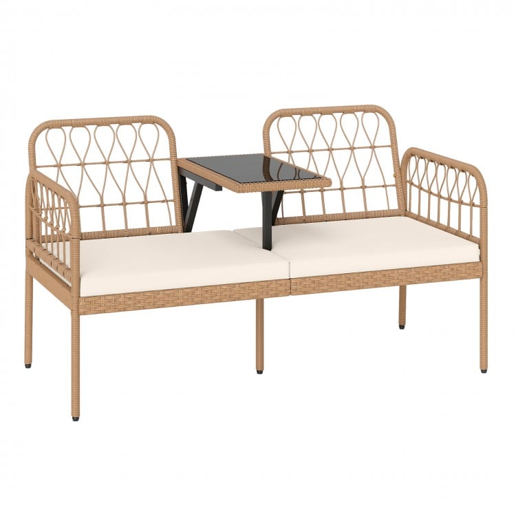 Side view of the 2-seat PE rattan outdoor loveseat featuring soft cushions and a built-in coffee table for patio.