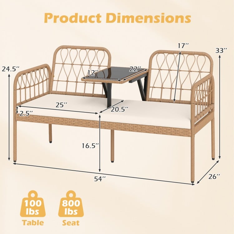 2-seat PE rattan outdoor loveseat with built-in coffee table, soft cushions, and dimensions for patio comfort.
