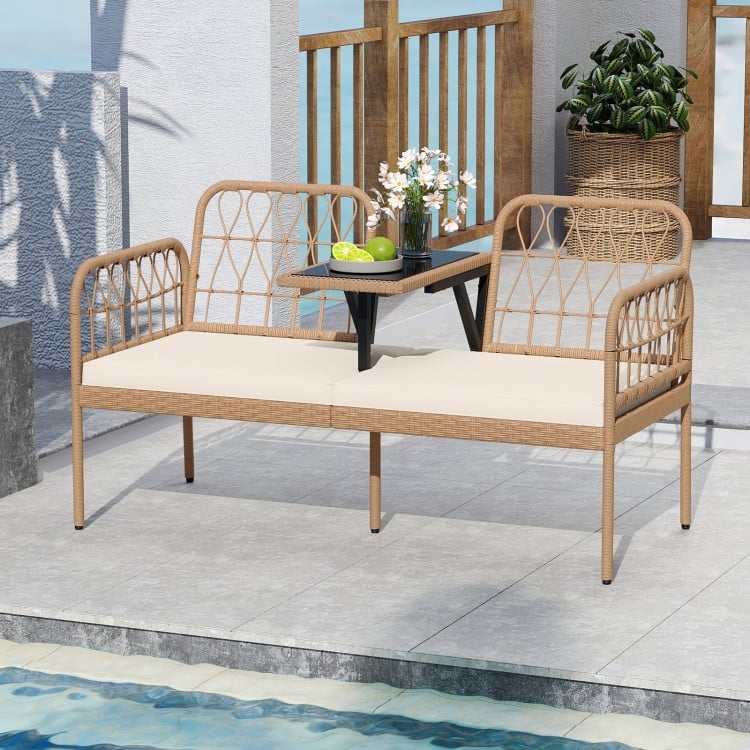 Front view of the 2-seat PE rattan outdoor loveseat showcasing the hand-woven design and integrated coffee table for.
