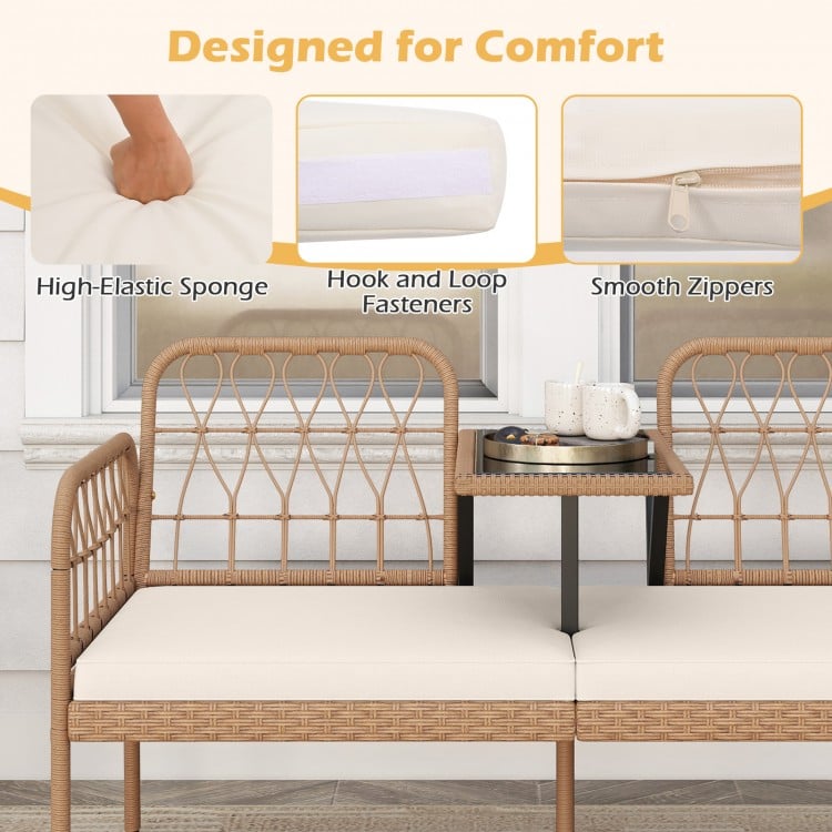2-seat PE rattan outdoor loveseat with built-in coffee table, soft cushions, and smooth zippers for easy cleaning.