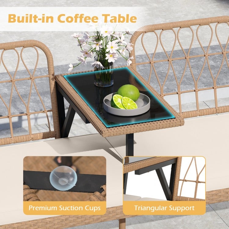 Built-in coffee table with premium suction cups on the 2-seat PE rattan loveseat, ideal for outdoor patios and.