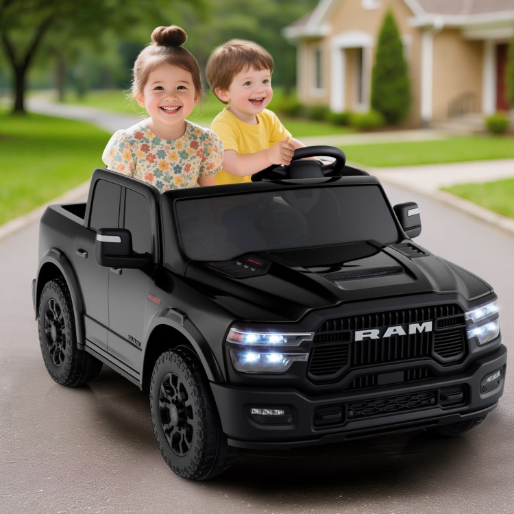 Black 2-seater licensed Ram truck ride-on toy for kids with remote control, LED lights, and music features.