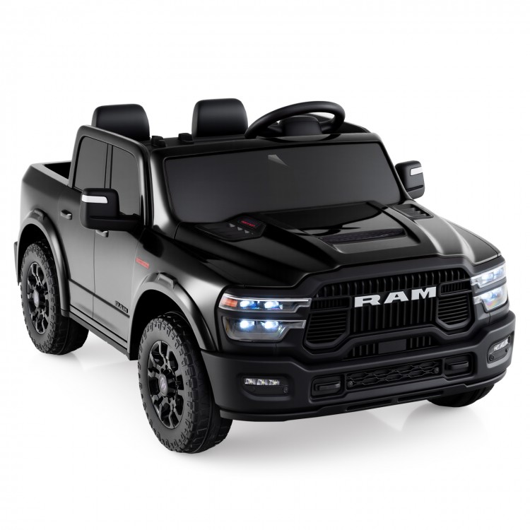 Black 2-seater licensed Ram truck ride-on toy with remote control, LED lights, and spacious rear storage for kids.