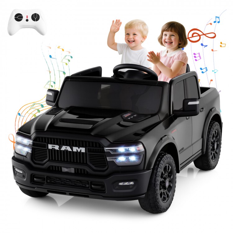 Black 2-seater licensed Ram truck ride-on toy with remote control, music, and LED lights for kids' outdoor fun.