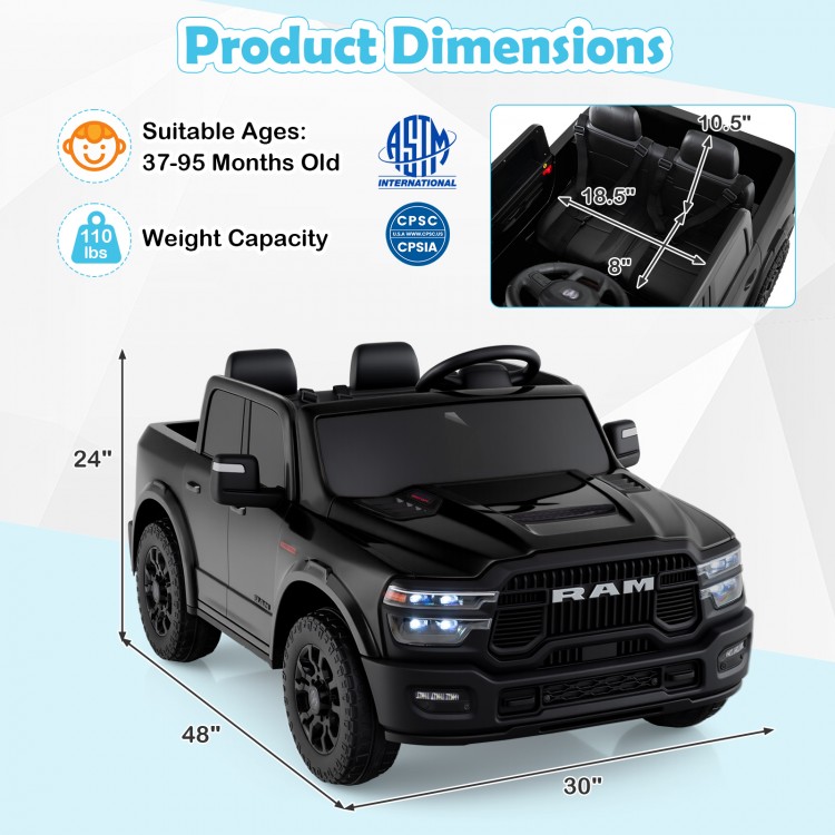 Black 2-seater 24V ride-on Ram truck for kids, featuring remote control, music, and safety belts for secure driving.