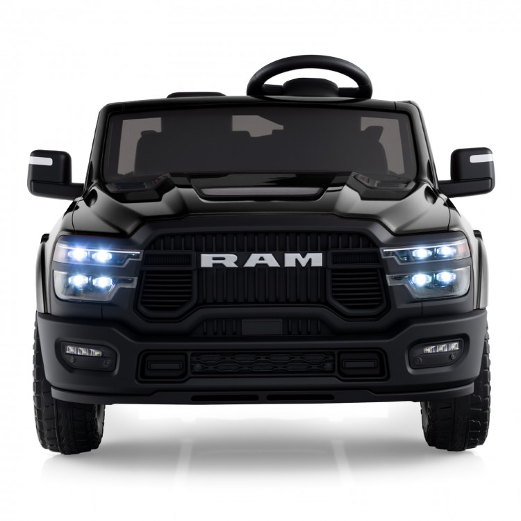 Black licensed Ram truck ride-on toy for big kids, featuring LED lights, remote control, and a spacious seat for two.