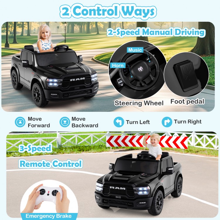 Black 2-seater 24V licensed Ram truck with remote control, featuring music, safety belts, and LED lights for kids.