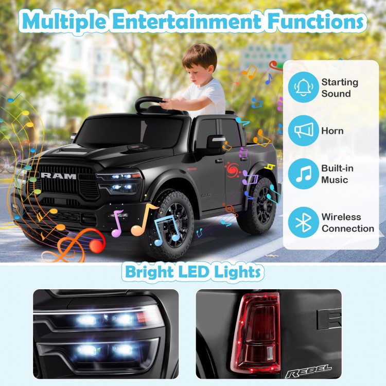 2-seater black Ram truck ride-on toy with LED lights, remote control, and built-in music for big kids' fun.
