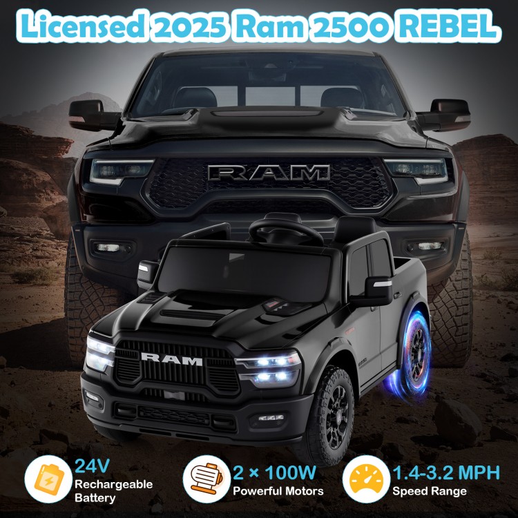 Licensed 2025 Ram 2500 REBEL ride-on toy truck in black, featuring a 24V battery, remote control, and 2-seater design.